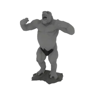3D модель мускулистого гориллы воина, рычащего со сжатыми кулаками, стоящего на текстурированном основании.
