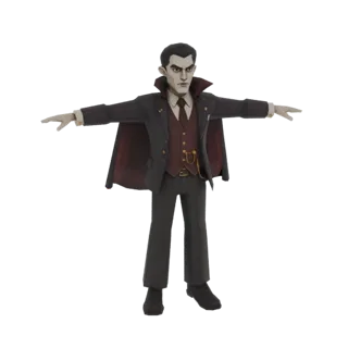 3D модель готического вампира в T-pose, в темном костюме, красном жилете и плаще, с острыми чертами лица и гладко зачесанными
