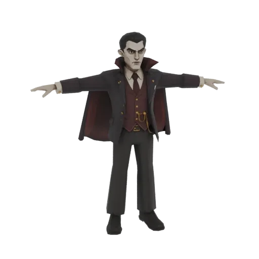 3D модель готического вампира в T-pose, в темном костюме, красном жилете и плаще, с острыми чертами лица и гладко зачесанными