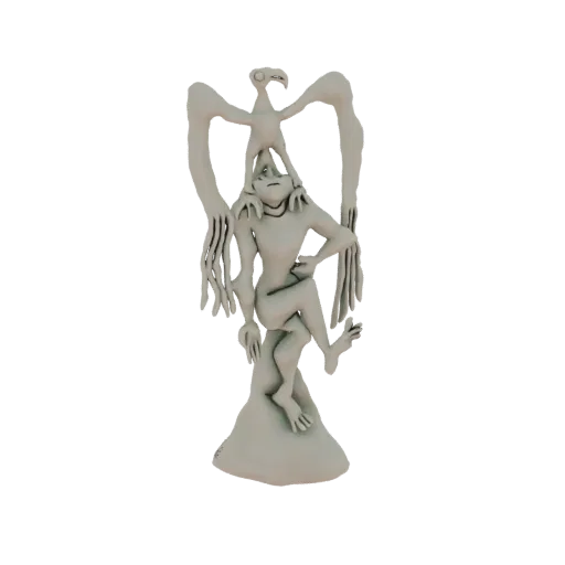3D модель сюрреалистической скульптуры с человекоподобной фигурой и птицеподобным существом, сидящим на голове и плечах.