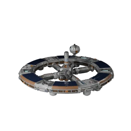 Низкополигональная 3D-модель орбитального стыковочного узла, вид в игровом окне с трех четвертей, показывающий металлические