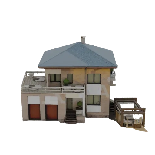 3D модель современного дома с кирпичным фасадом, синей крышей, пристроенным гаражом и деревянной перголой.