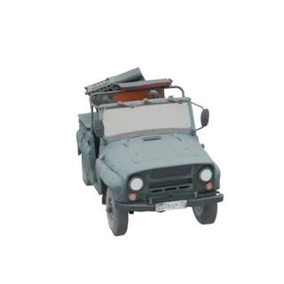3D модель автомобиля УАЗ-469 с установленной ракетной установкой, вид спереди в три четверти.
