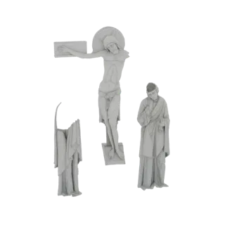 3D модель сцены Распятия с Иисусом на кресте и двумя плачущими фигурами, в светло-сером цвете.