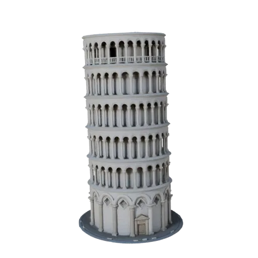 Реалистичная 3D модель Пизанской башни, вид в три четверти снаружи, показывающий материалы структуры достопримечательности и