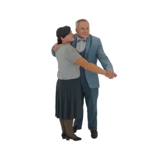 3D модель элегантной танцующей пары, мужчина в синем костюме, женщина в сером платье, запечатлены в романтической позе.