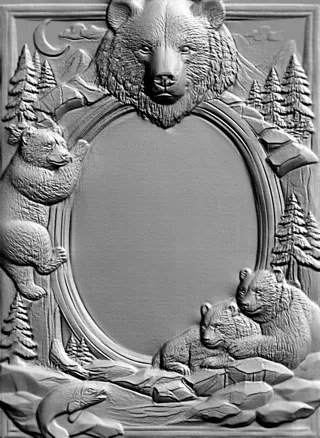 3D модель барельефа с изображением медвежьей семьи, медвежонка и лосося у реки на фоне леса и луны