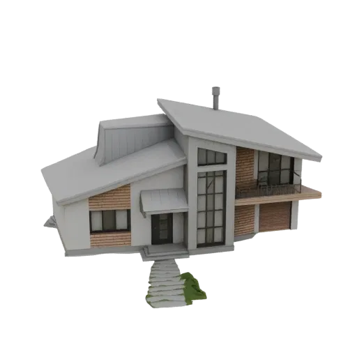 3D модель современного геометрического дома с острыми углами, большими окнами и деревянными акцентами на белом фоне.