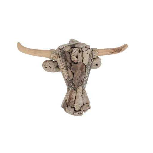 3D модель скульптуры головы быка из коряг и камней, с деревянными рогами, на черном фоне.