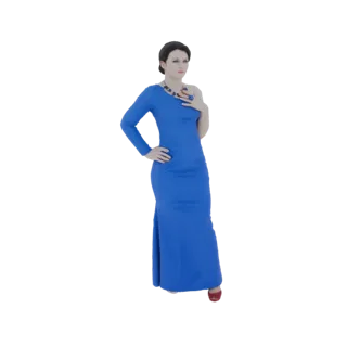 3D модель женщины в синем платье с одним плечом и украшениями, элегантно позирующая.