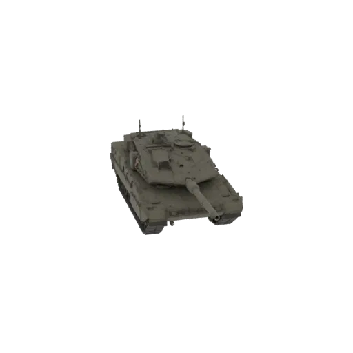 Детализированная 3D модель современного боевого танка, вид под небольшим углом сверху, демонстрирующий башню и гусеницы.