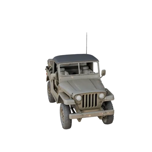 3D-модель военного джипа времен Второй мировой войны, вид в игровом окне в три четверти, готовый для Unreal Engine актив тран