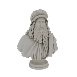 3D модель бюста Леонардо да Винчи в стиле классической скульптуры с длинной бородой и шапочкой.