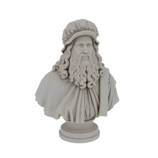 3D модель бюста Леонардо да Винчи в стиле классической скульптуры с длинной бородой и шапочкой.