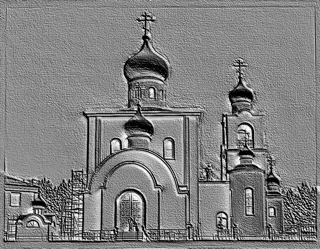 3D модель барельефа церкви в стиле гравюры, с куполами и колокольней