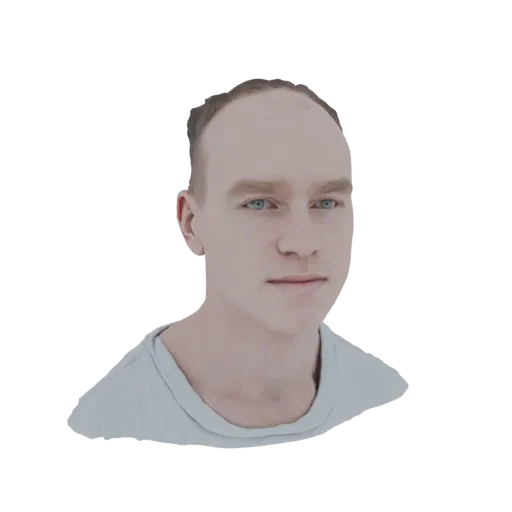 3D рендер бюста молодого человека с голубыми глазами и короткими волосами, в футболке.
