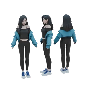 3D model of a stylized female character with dark hair, wearing a blue jacket, black crop top, and black leggings, shown from