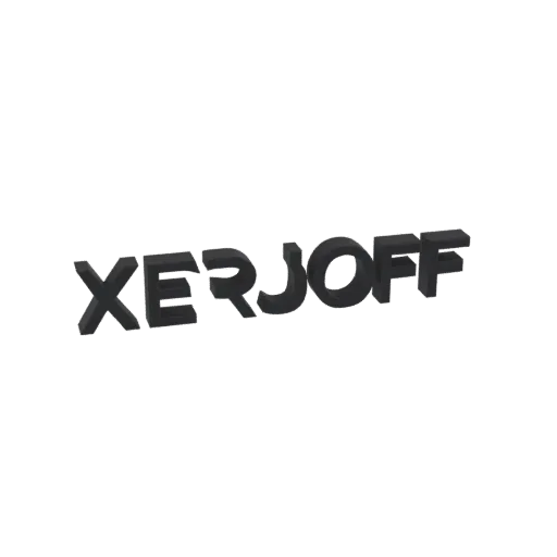 3D-рендеринг логотипа Xerjoff в темном матовом исполнении на белом фоне.