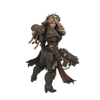3D модель Сестры Битвы Warhammer в силовой броне с болтером, развевающимися волосами и одеяниями.