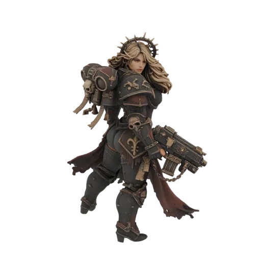 3D модель Сестры Битвы Warhammer в силовой броне с болтером, развевающимися волосами и одеяниями.