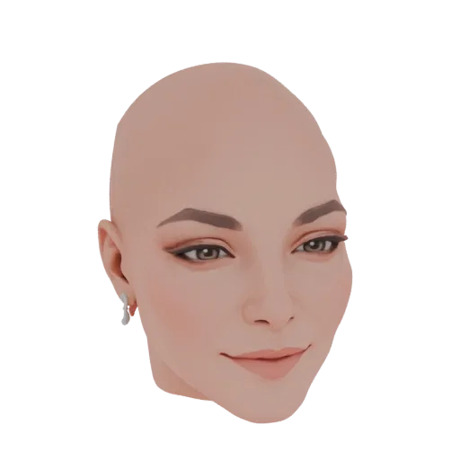 3D модель головы лысой женщины с легким макияжем и висячими серьгами на черном фоне.