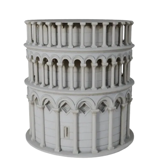Высокополигональная 3D модель Пизанской башни, крупный план архитектурного рендера, показывающий материалы достопримечательно