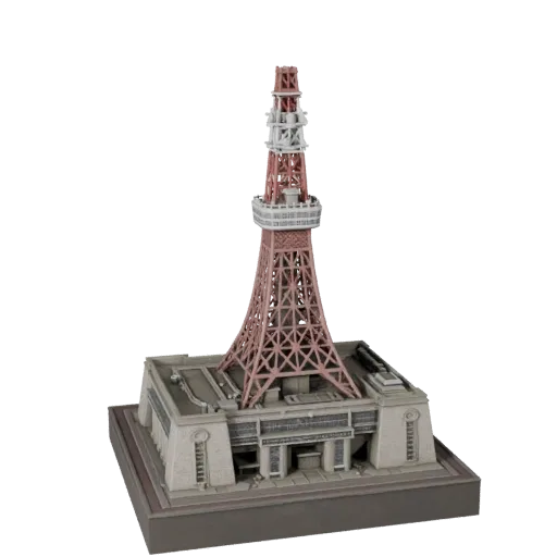 Реалистичная 3D модель Токийской башни, вид с трех четвертей снаружи, показывающий материалы структуры достопримечательности