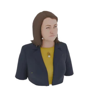 3D модель профессиональной женщины в темно-синем блейзере поверх желтой блузки, с каштановыми волосами и жемчужными серьгами.