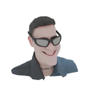 3D-рендер стилизованного мужчины с темными волосами, в солнцезащитных очках и с татуировкой на шее, широко улыбающегося.