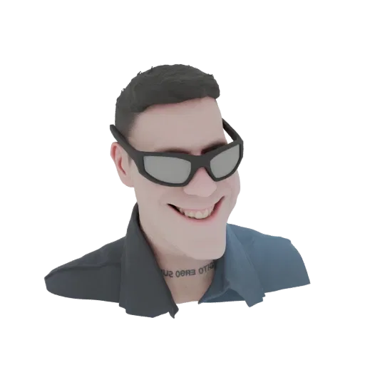 3D-рендер стилизованного мужчины с темными волосами, в солнцезащитных очках и с татуировкой на шее, широко улыбающегося.