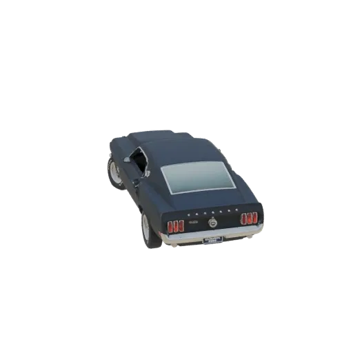 3D модель темно-синего Ford Mustang Boss 429 1969 года, вид с задне-трехчетвертного ракурса.