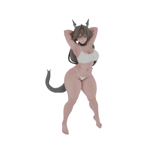 3D модель аниме девушки-кошки с каштановыми волосами, кошачьими ушами и хвостом, в белом бикини, в позе.