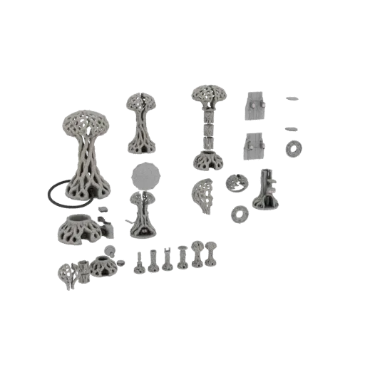 3D модель ландшафта колонии инопланетных грибов, с различными формами грибов и аксессуарами, в нейтральном сером цвете.
