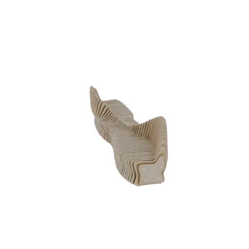 3D модель волнистой скамьи из слоеной древесины с отделкой под натуральное дерево, вид сбоку под небольшим углом.