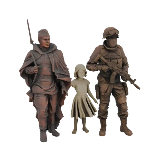 3D модель трех фигур: исторический солдат, девочка и современный солдат, в бронзовом исполнении.