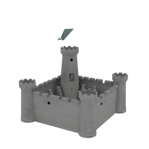 3D модель серого средневекового замка с четырьмя угловыми башнями, центральным донжоном и маленьким флагом наверху.