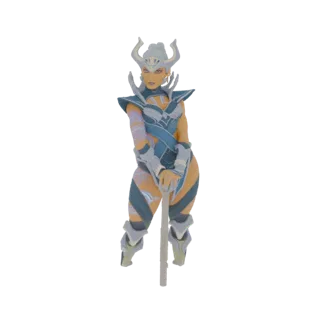 3D model of a sci-fi warrior woman with white horns, blue and silver armor, and a sword.