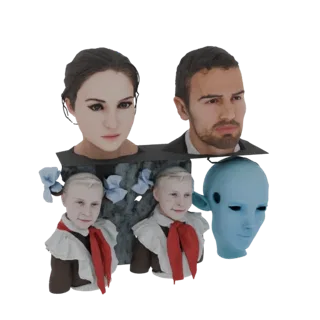 3D-модель викторианского семейного портрета с мужчиной и женщиной, а под ними - меньшие фигурки детей и синяя маска.