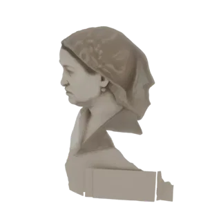 Рендер 3D-модели бюста женщины в профиль, в головном платке и с жемчужной серьгой, с нейтральной текстурой под камень.