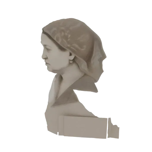 Рендер 3D-модели бюста женщины в профиль, в головном платке и с жемчужной серьгой, с нейтральной текстурой под камень.