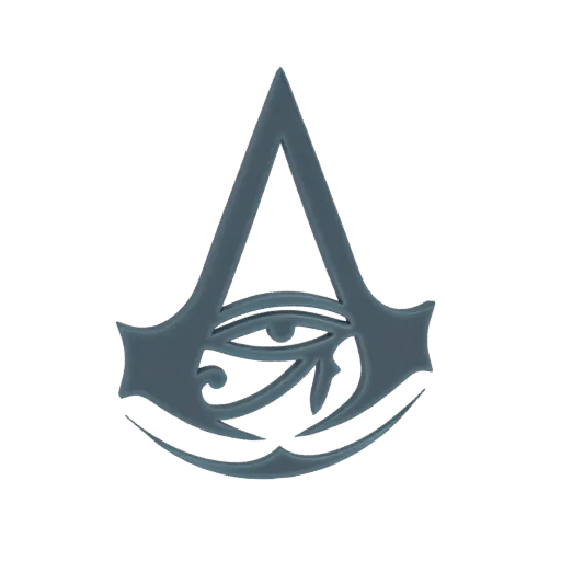 3D-модель логотипа "Око Гора" из Assassin's Creed, с металлическим блеском на белом фоне.