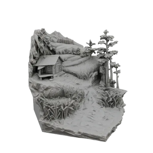 3D модель диорамы деревенской хижины с извилистой тропой, соснами и каменистым рельефом.