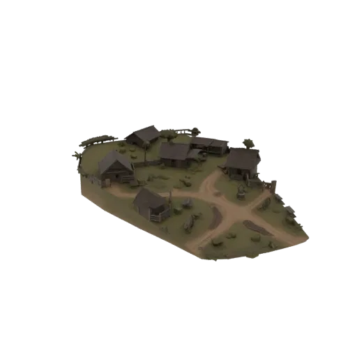 3D модель деревенской площади Восточной Европы XIX века с крестьянскими домами, грунтовыми дорогами и природным ландшафтом.