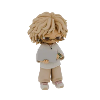 3D model of a chibi student character with messy blonde hair, glasses, wearing a white hoodie and beige pants, holding a silv