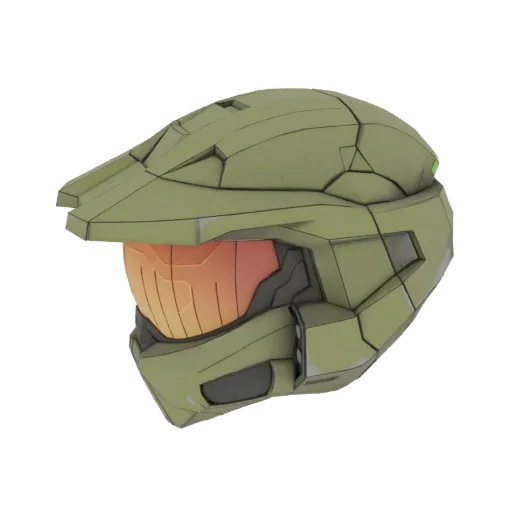 3D рендер культового оливково-зеленого шлема Мастера Чифа из Halo с золотым визором и угловатым дизайном.