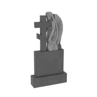 3D модель надгробия с фигурой скорбящего ангела, прислонившегося к православному кресту, в оттенках серого.
