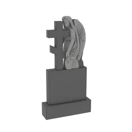 3D модель надгробия с фигурой скорбящего ангела, прислонившегося к православному кресту, в оттенках серого.