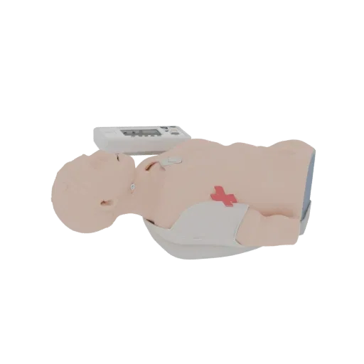 3D-модель тренажера для СЛР, вид сбоку, технический рендер, показывающий детали материала и масштаб.