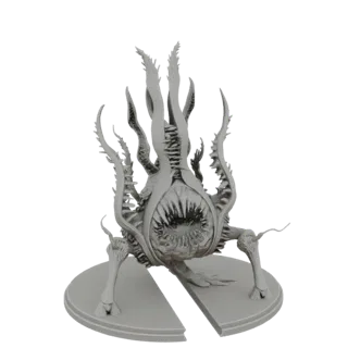 Серая 3D-рендер гротескного существа с щупальцами, с большой пастью и острыми зубами, стоящего на круглом основании.