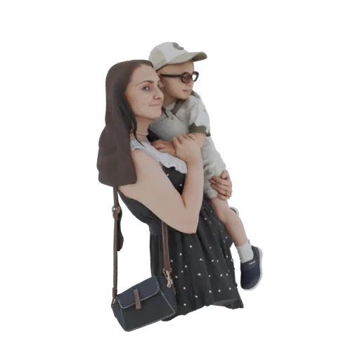 3D модель матери, держащей ребенка, оба смотрят в сторону, мать одета в платье в горошек и с сумкой через плечо.